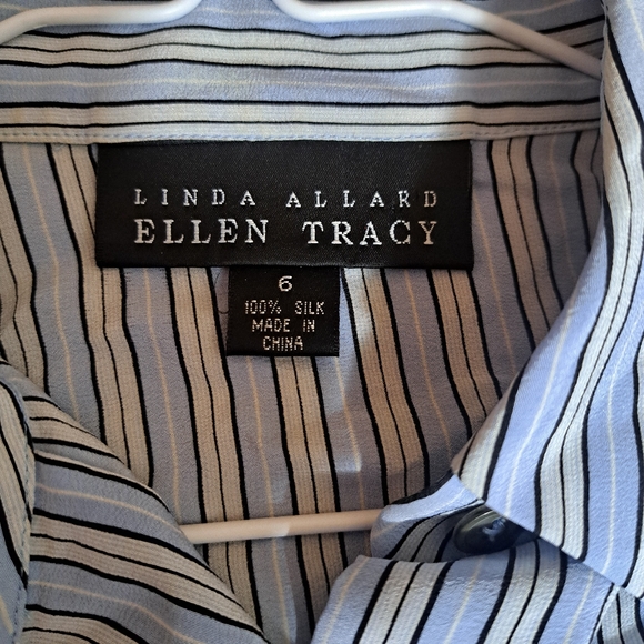 Linda Allard Ellen Tracy Silk Blouse Blue Striped size‎ 6 - Picture 1 of 4